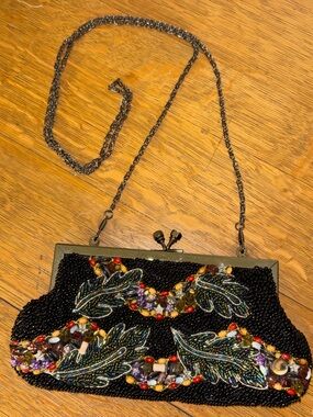 VIOLA COLLECTION Black Beaded Floral Evening Clutch Bag